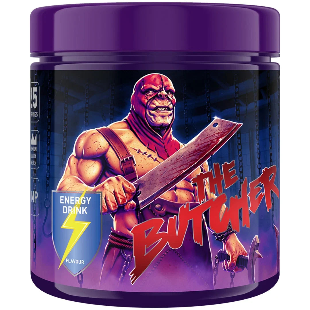 Swedish Supplements The Butcher 425 g PWO-pulver i en lila burk med ett illustrerat motiv för smaken Energy Drink.