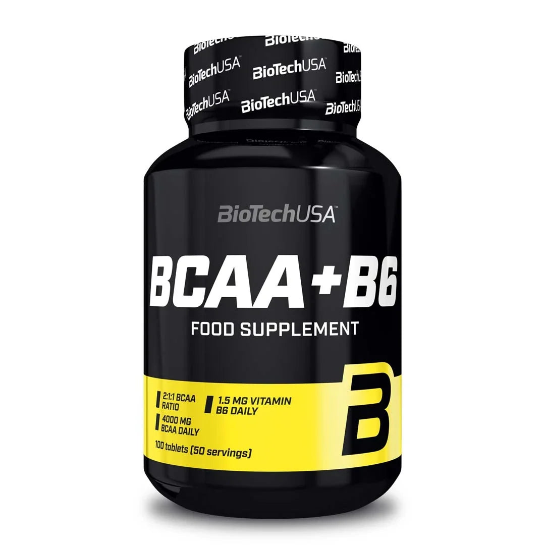 BioTechUSA BCAA+ B6 340 caps aminosyror i en svart burk med vit text och gula designdetaljer., bild 1 av 1