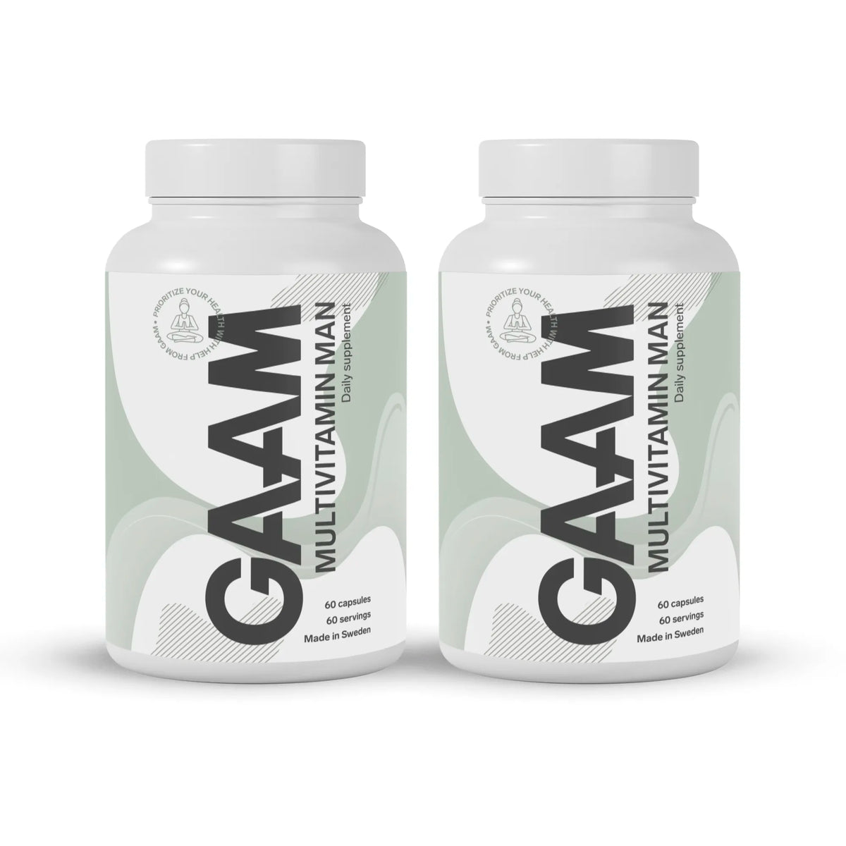 2 x GAAM Multivitamin Man 60 caps i två vita burkar med grå och ljusgröna detaljer på etiketten., bild 1 av 1