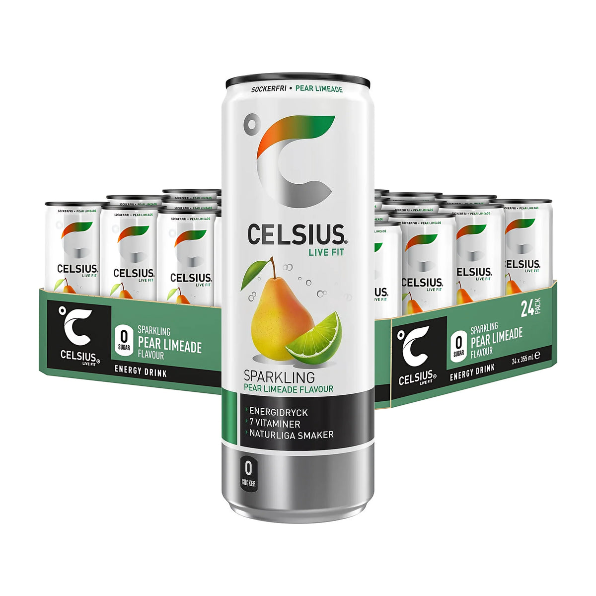 24 x Celsius 355 ml Pear Limeade i ett grönt flak med vita energidrycksburkar med motiv av päron och lime.