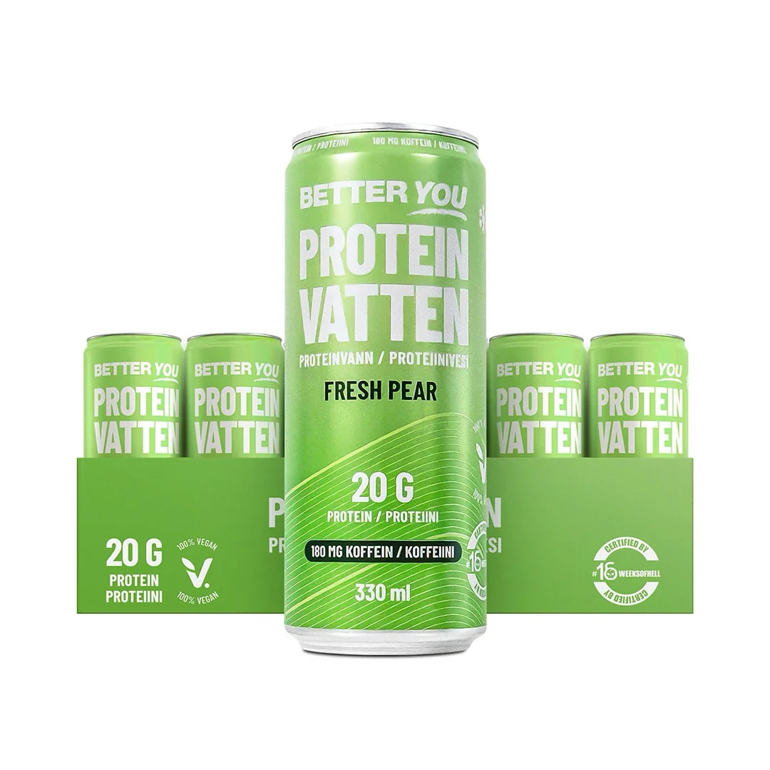 24 x Better You Proteinvatten 330 ml Fresh Pear i ett grönt flak med matchande burkar och vit text för päronsmak.