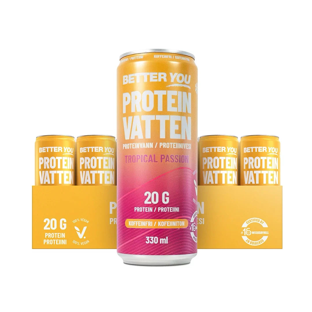 24 x Better You Proteinvatten 330 ml Tropical Passion i ett gult flak med matchande gula och rosa burkar.