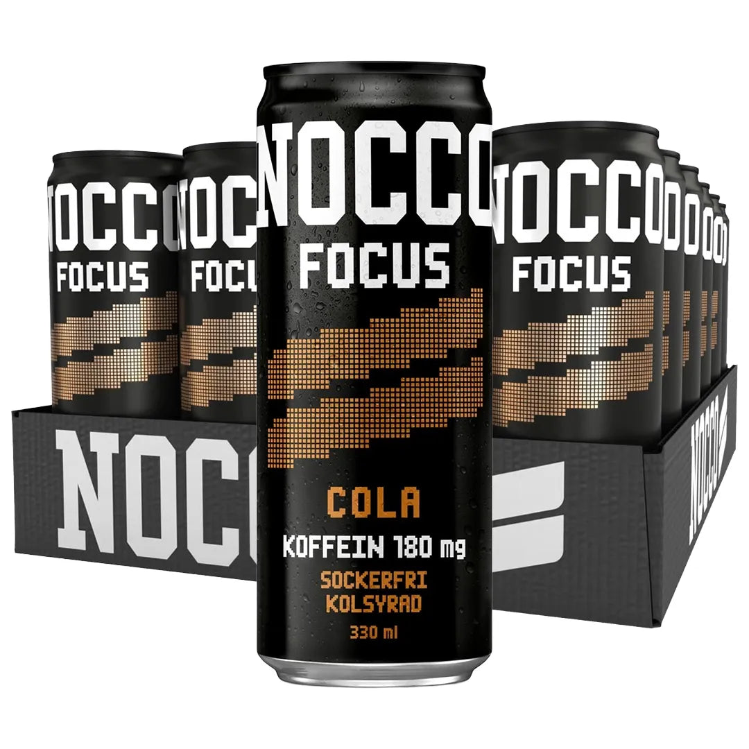 24 x NOCCO FOCUS 330 ml Cola i ett svart flak med svarta burkar som har bruna och vita detaljer., bild 1 av 1