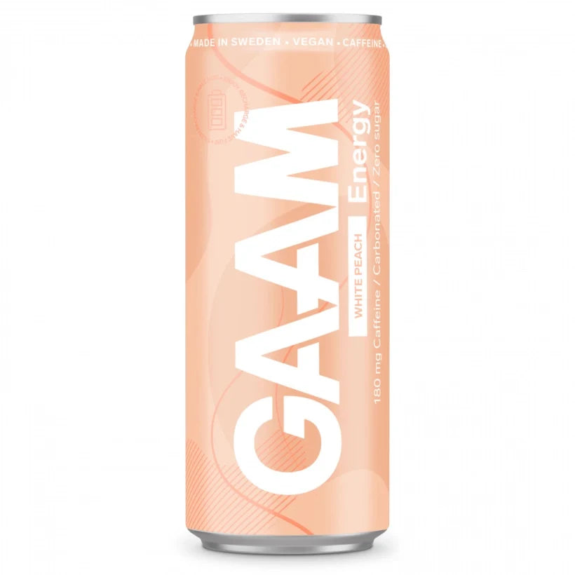 GAAM Energy 330 ml vegansk energidryck i en ljusorange burk med smaken White Peach., bild 8 av 11