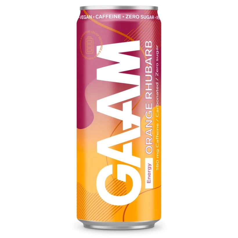 GAAM Energy 330 ml energidryck i en rosa och orange burk för smaken Orange Rhubarb., bild 11 av 11