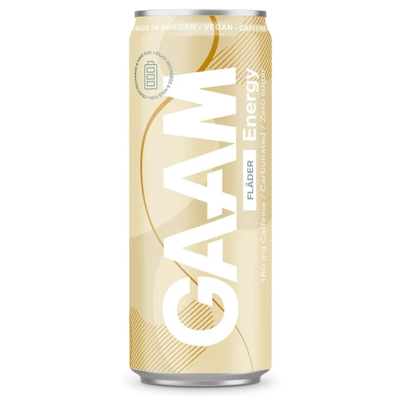 GAAM Energy 330 ml energidryck i en beige burk för smaken Fläder., bild 7 av 11