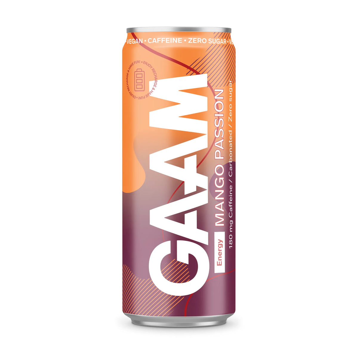 GAAM Energy 330 ml vegansk energidryck i en orange och lila burk för smaken Mango Passion., bild 3 av 11