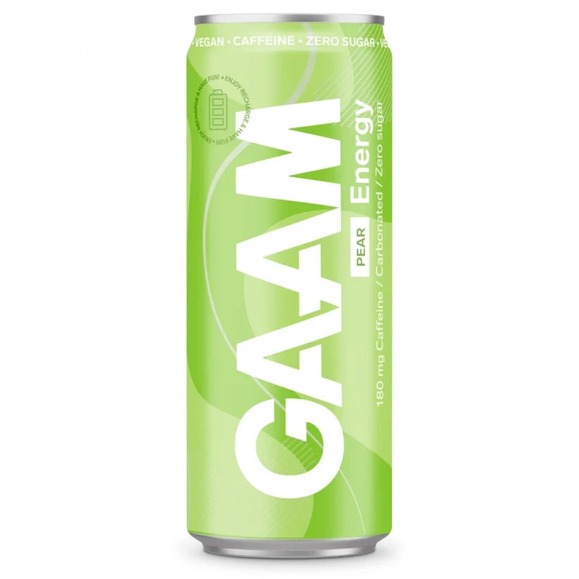 GAAM Energy 330 ml energidryck i en ljusgrön burk med smaken Pear., bild 5 av 11