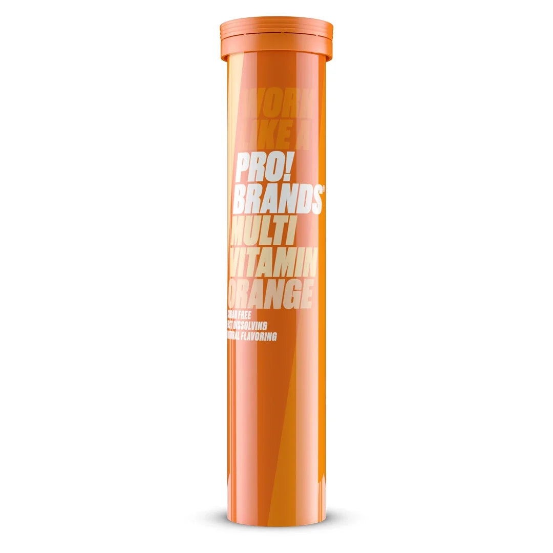 Pro Brands Multivitamin Brus Orange förpackad i ett avlångt orange rör med vit text, brustabletter för kosttillskott., bild 2 av 2
