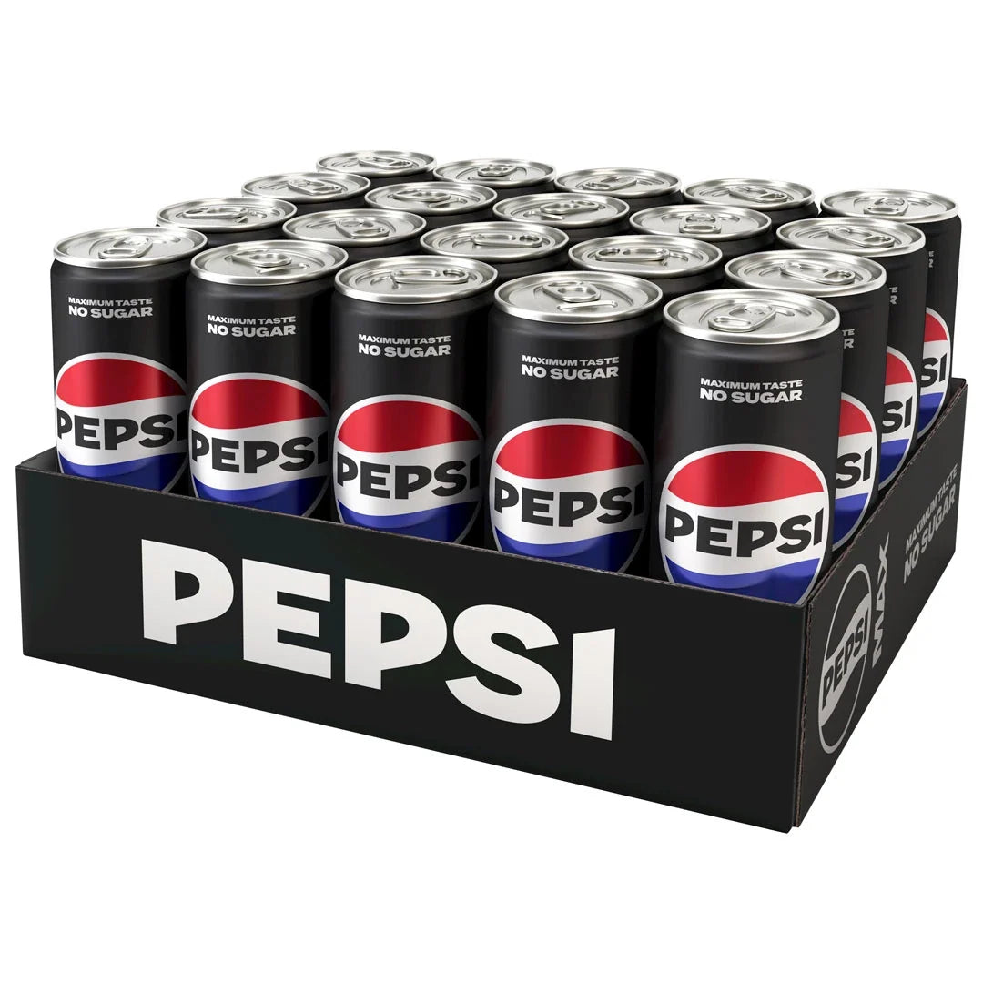 20 x Pepsi MAX 330 ml på ett flak med svarta burkar och den klassiska Pepsi-logotypen., bild 1 av 1