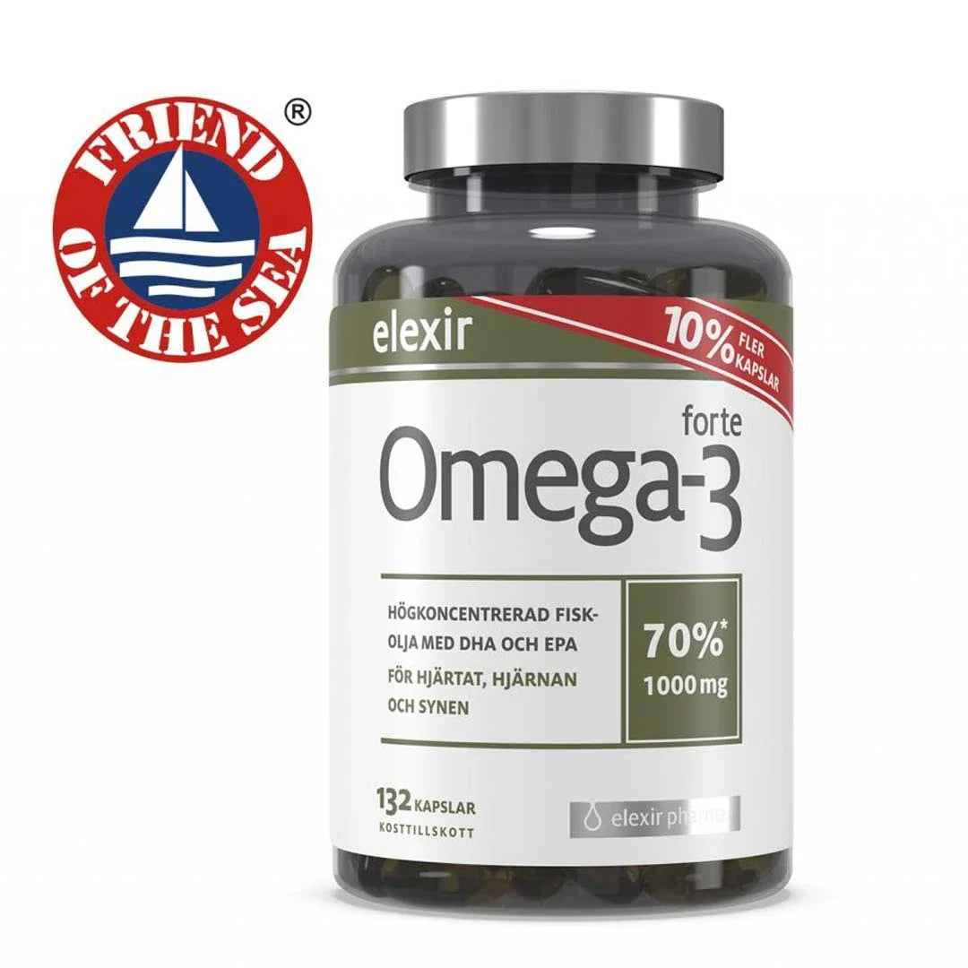 Elexir Pharma Omega-3 Forte 132 caps i en mörk burk med silverlock och vit etikett.