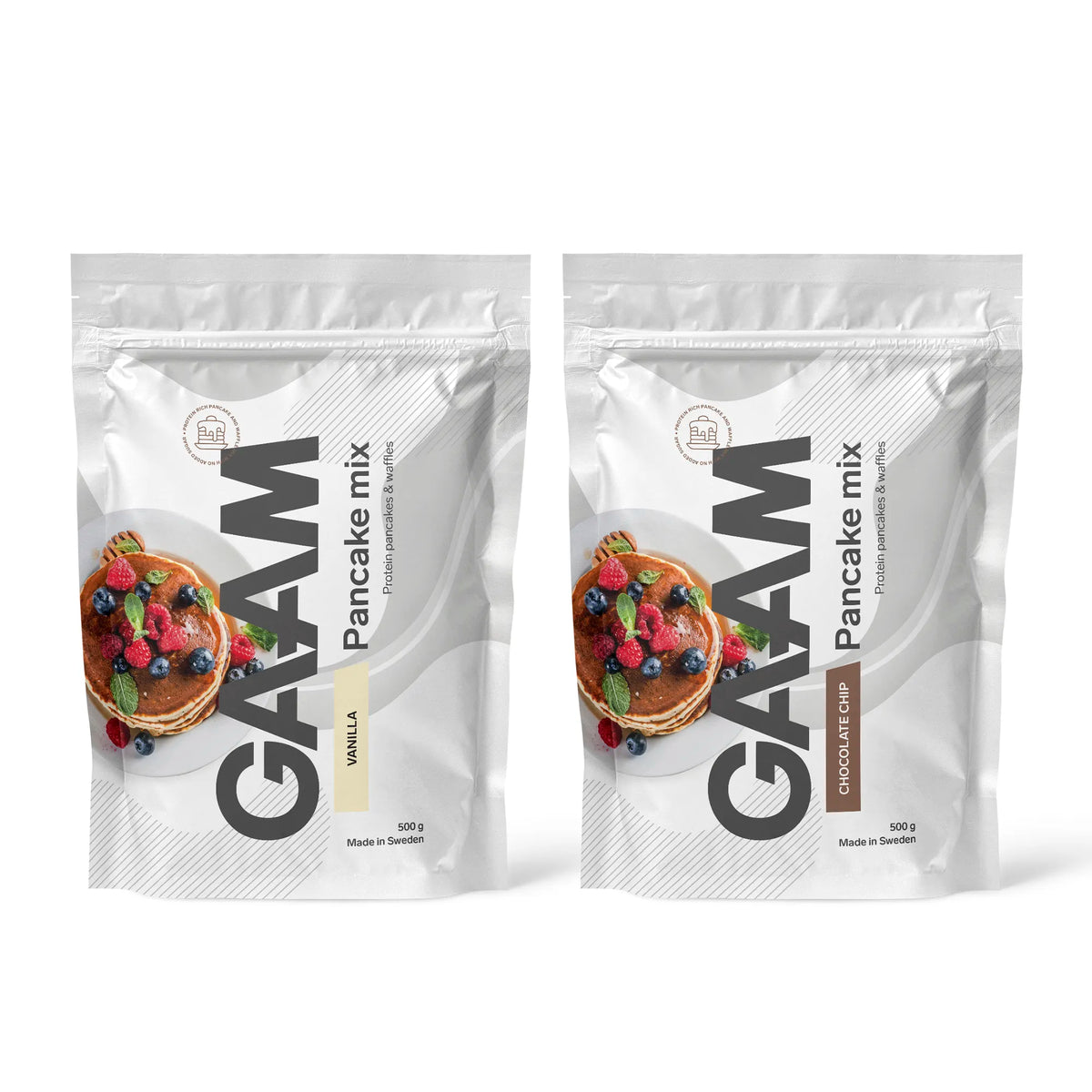 2 x GAAM Pancake Mix 500 g i två vita påsar med bilder på pannkakor för smakerna Vanilla och Chocolate Chip., bild 1 av 1