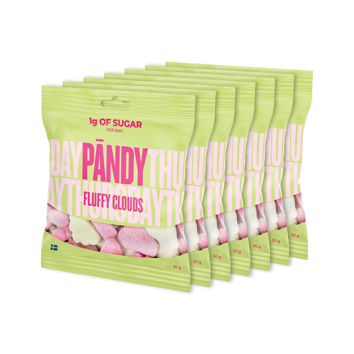 7 x Pändy Candy 50 g gelégodis i sju ljusgröna påsar för smaken Fluffy Clouds., bild 1 av 1