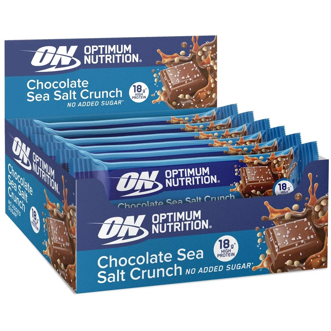 12 x Optimum Nutrition Chocolate Protein Bar 55 g Sea Salt Crunch i en blå displaybox med choklad- och koladetaljer., bild 1 av 1