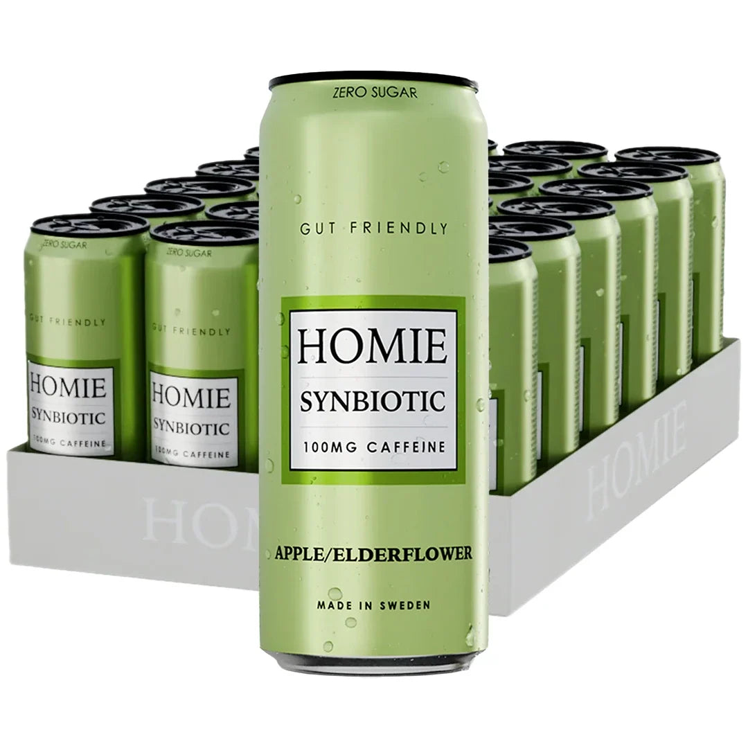 24 x Homie Wake Up Synbiotic 330 ml Apple Elderflower i ett grått flak med ljusgröna burkar., bild 1 av 1