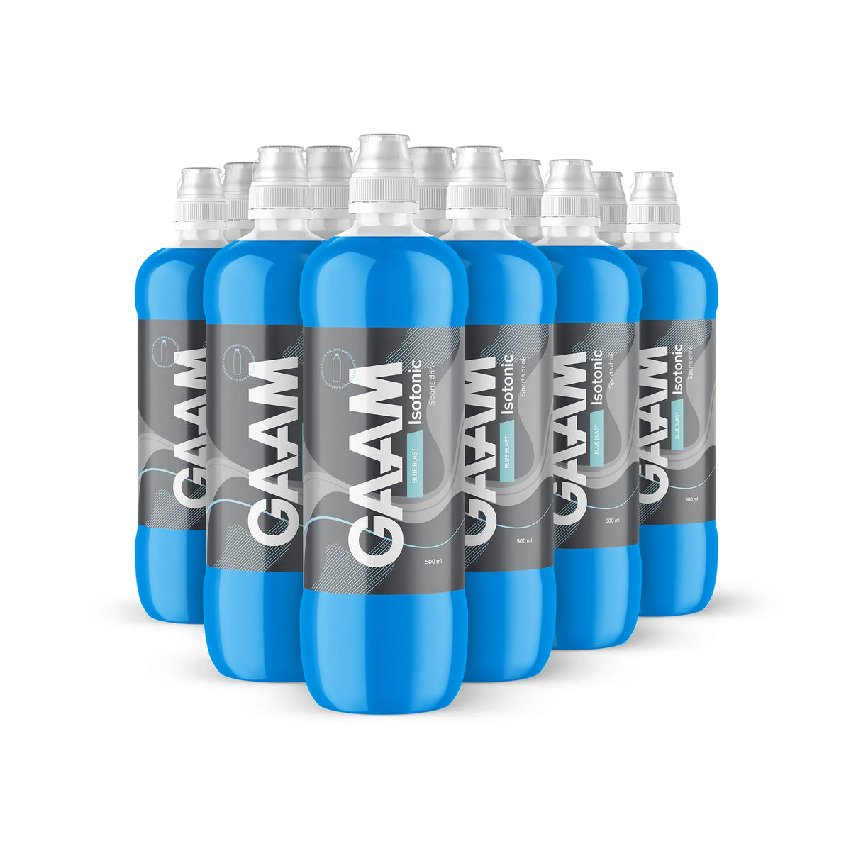 12 x GAAM Isotonic 500 ml i transparenta plastflaskor fyllda med blå sportdryck för smaken Blue Blast.