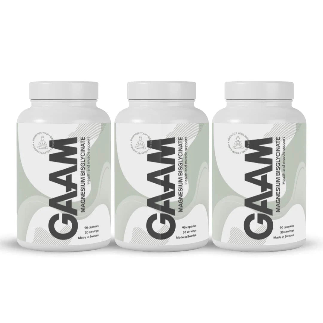 3 x GAAM Magnesium Bisglycinate 90 caps som tre vita plastburkar med ljusgröna detaljer.