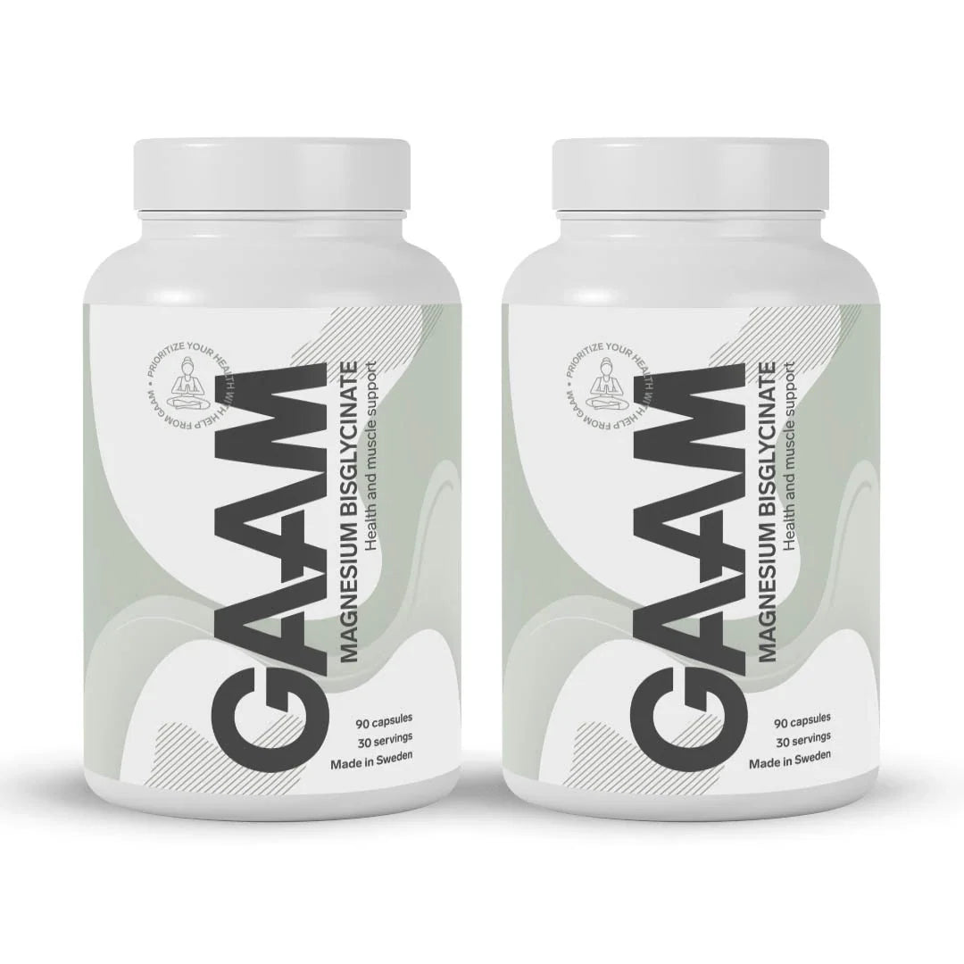 2 x GAAM Magnesium Bisglycinate 90 caps i två vita burkar med ljusgröna och grå detaljer.