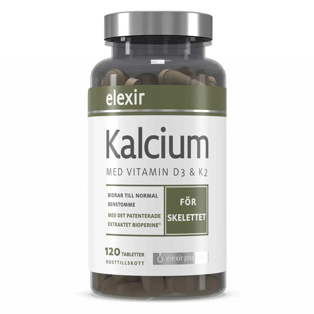 Elexir Pharma Kalcium 120 tabs kosttillskott i en mörk transparent burk med silverlock och grönvit etikett.