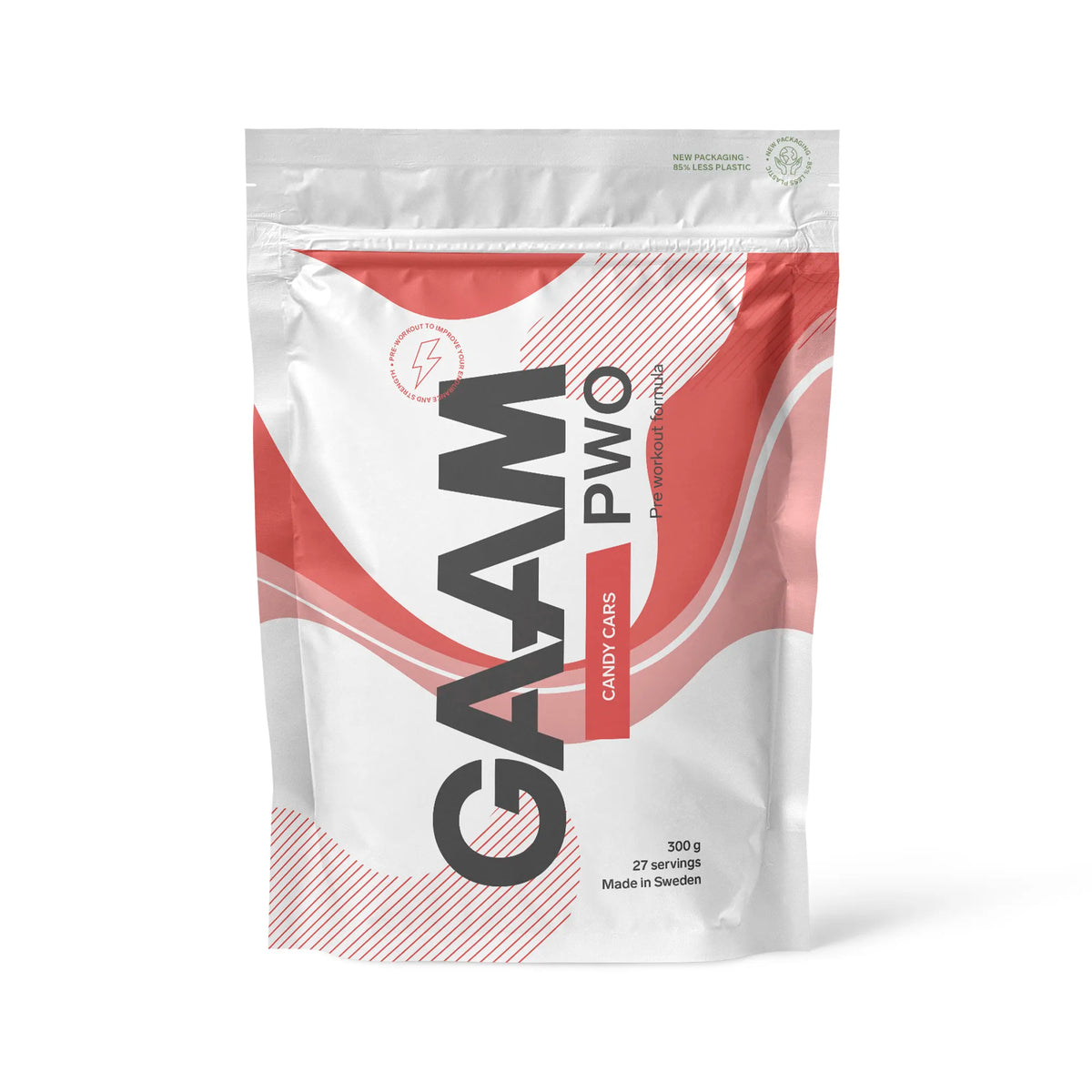 GAAM PWO 300 g pre-workout pulver i en vit påse med rosa detaljer för smaken Candy Cars., bild 1 av 5