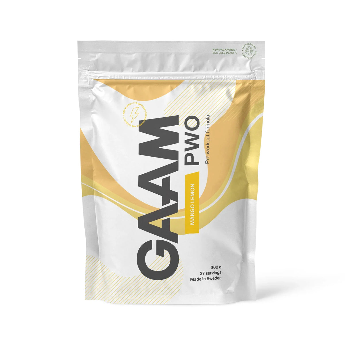 GAAM PWO 300 g pre-workout pulver, vit påse med gula detaljer och text för smaken Mango Lemon., bild 2 av 5