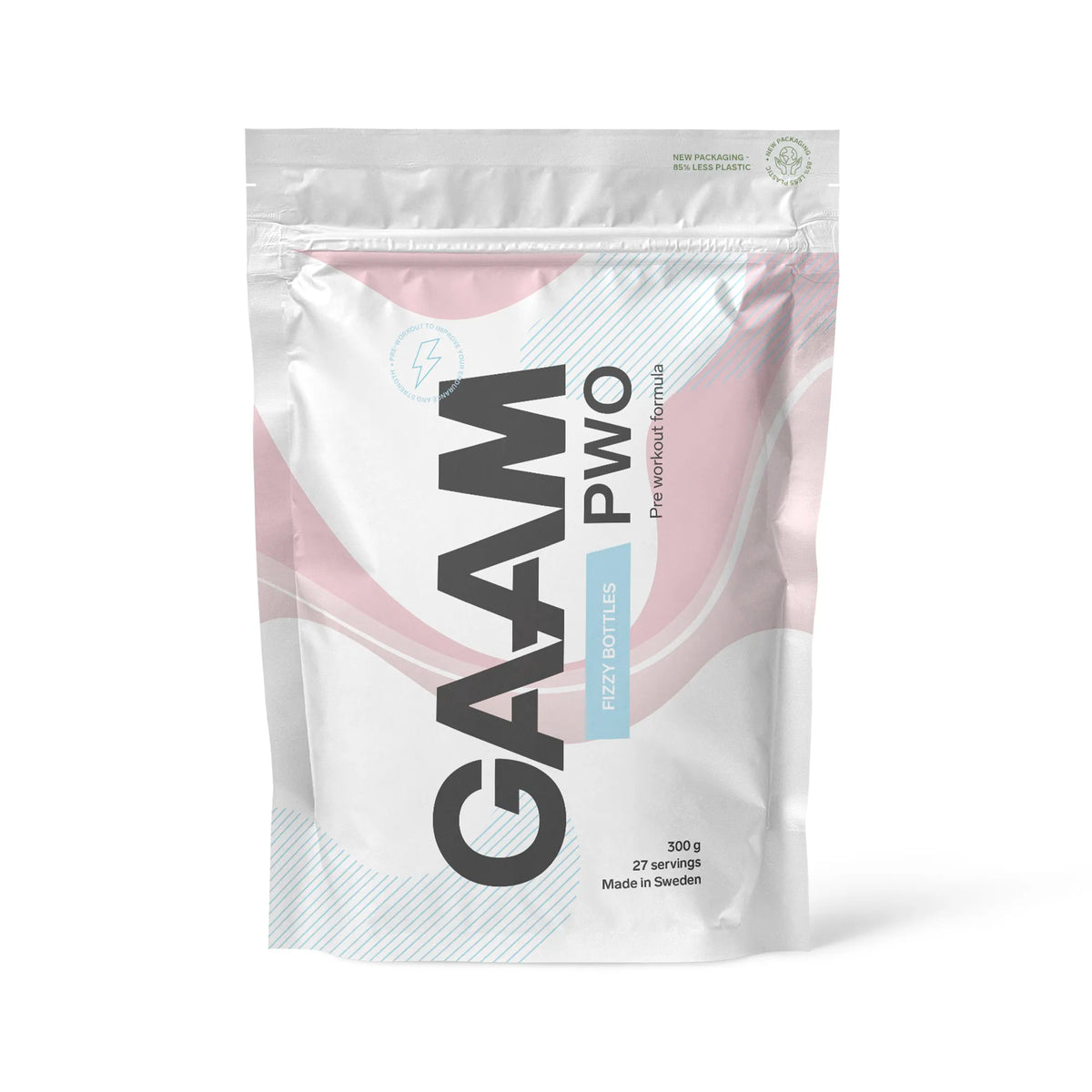 GAAM PWO 300 g pre-workout pulver, förpackad i en vit påse med rosa och blå detaljer samt smaken Fizzy Bottles., bild 4 av 5