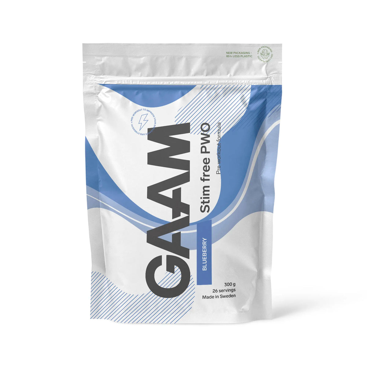GAAM Stim free PWO 300 g i en vit påse med blå detaljer för smaken Blueberry., bild 1 av 3