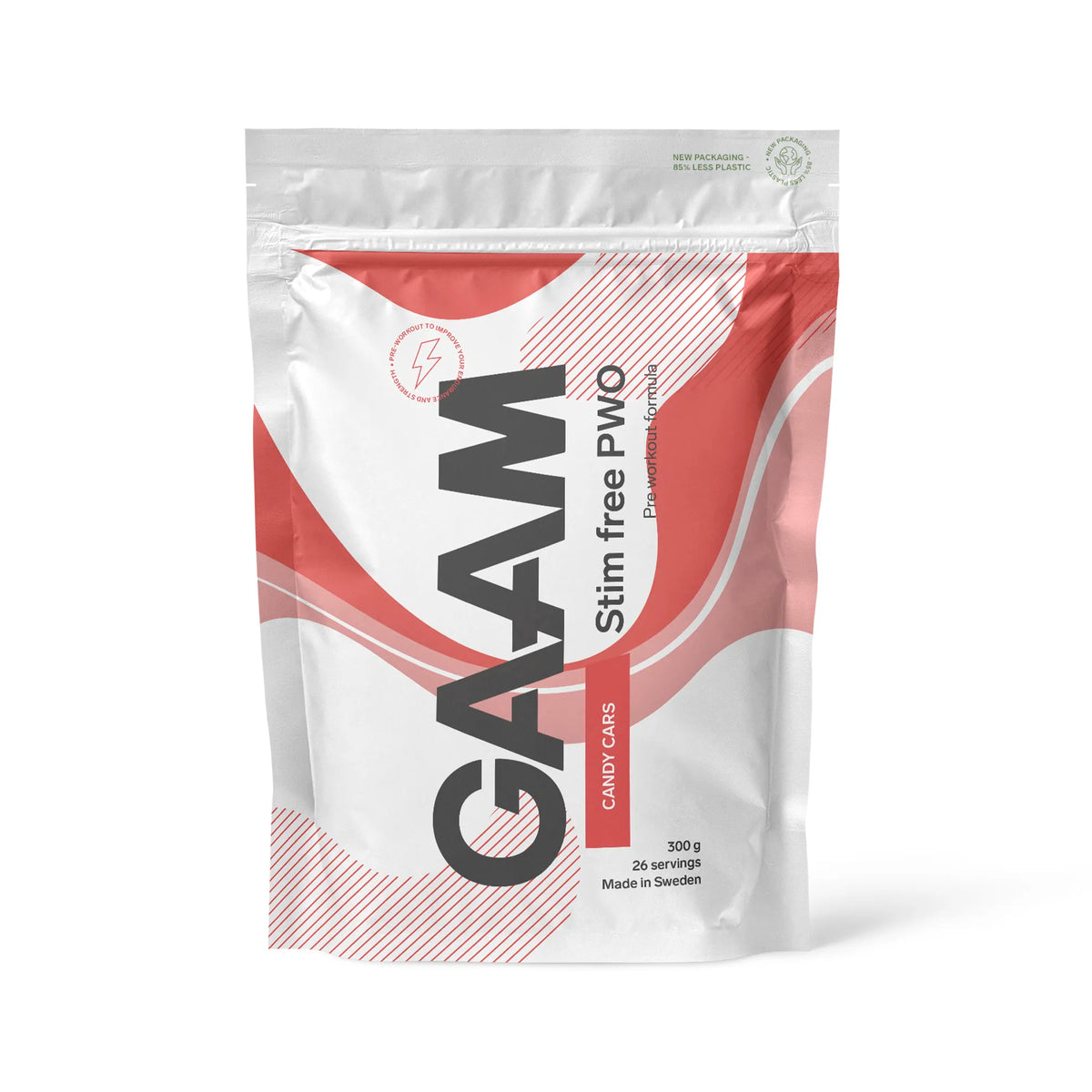 GAAM Stim free PWO 300 g i en vit påse med rosa och röda detaljer för smaken Candy Cars., bild 2 av 3