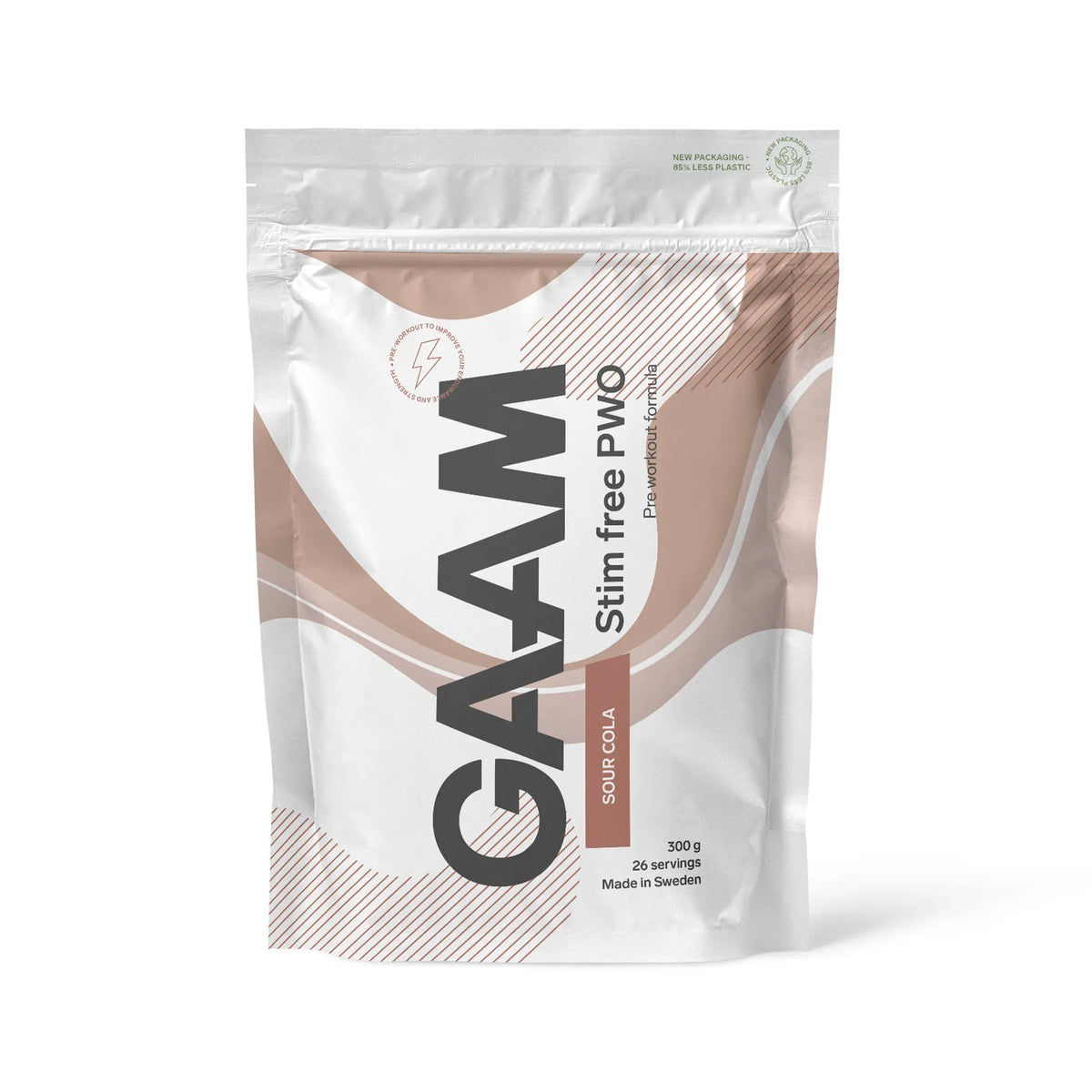 GAAM Stim free PWO 300 g i vit påse med bruna detaljer för smaken Sour Cola., bild 3 av 3