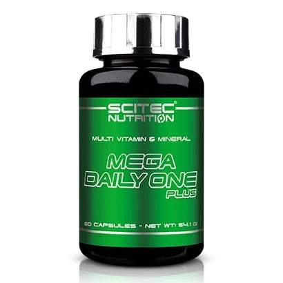 Scitec Nutrition Mega Daily One Plus multivitamin i en svart burk med grön etikett och silverlock.