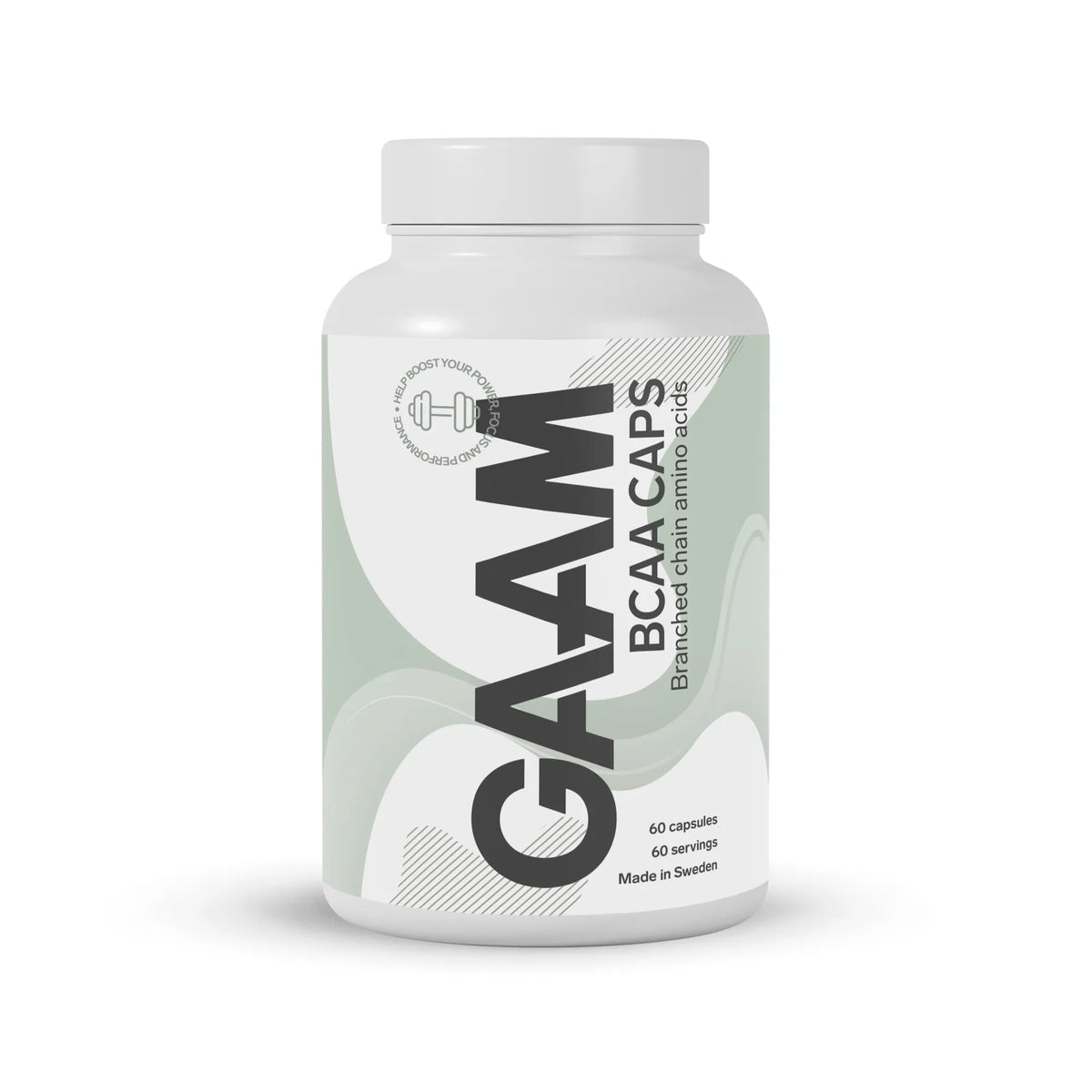 GAAM BCAA 60 caps i en vit burk med grågröna detaljer, ett kosttillskott i smidigt kapselformat., bild 1 av 1