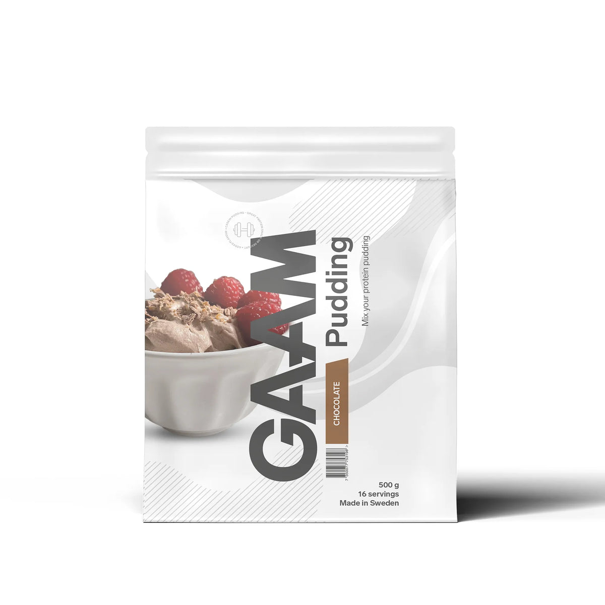 GAAM Pudding 500 g proteinpudding i en vit påse med grå och bruna detaljer för smaken Choklad., bild 1 av 1