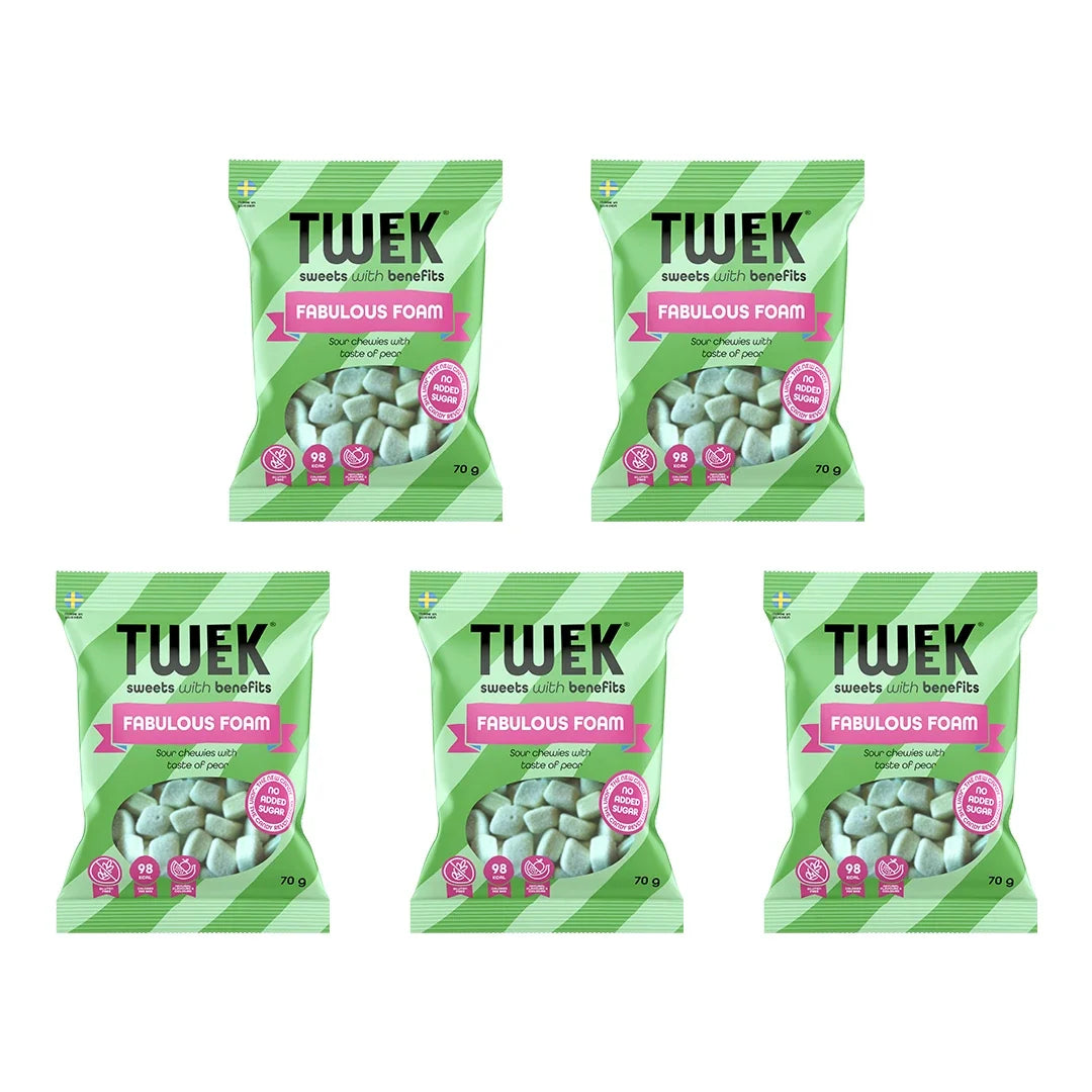5 x Tweek Sweets 70 g Fabulous Foam i fem ljusgröna påsar med rosa detaljer för skumgodis., bild 1 av 1