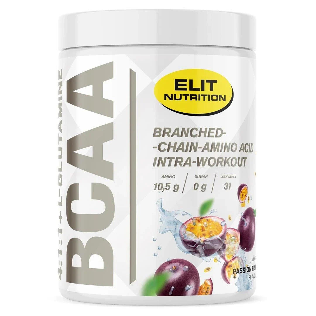 Elit Nutrition BCAA 4:1:1 + L-glutamine 400 g aminosyrapulver i en vit burk med gula detaljer och passionsfrukt för smaken Passion Fruit.