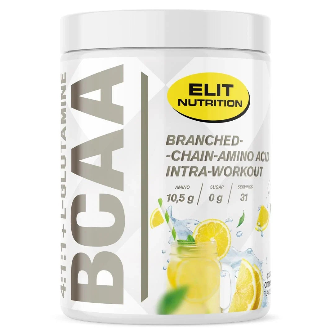 Elit Nutrition BCAA 4:1:1 + L-glutamine 400 g aminosyrapulver i en vit burk med gula citrondetaljer för smaken Citrus., bild 4 av 6