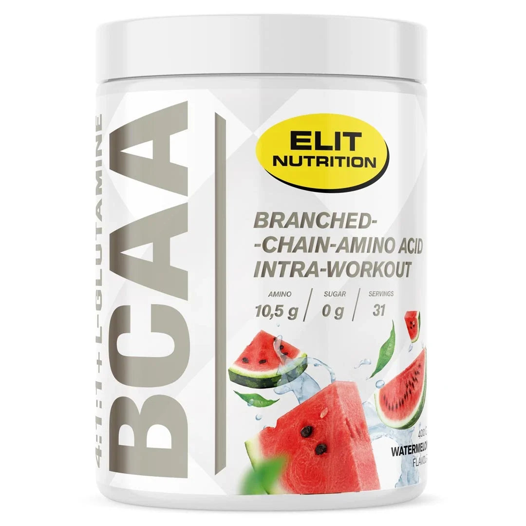 Elit Nutrition BCAA 4:1:1 + L-glutamine 400 g aminosyrapulver i en vit burk med illustrationer av vattenmelon för smaken Watermelon., bild 3 av 6