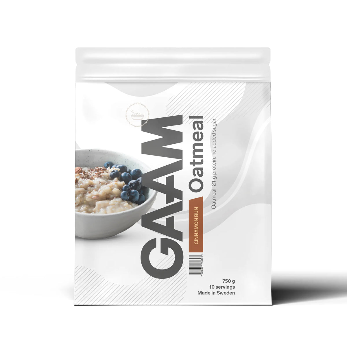 GAAM Oatmeal 750 g proteingröt i en vit påse med grå och bruna detaljer för smaken Cinnamon Bun., bild 1 av 2