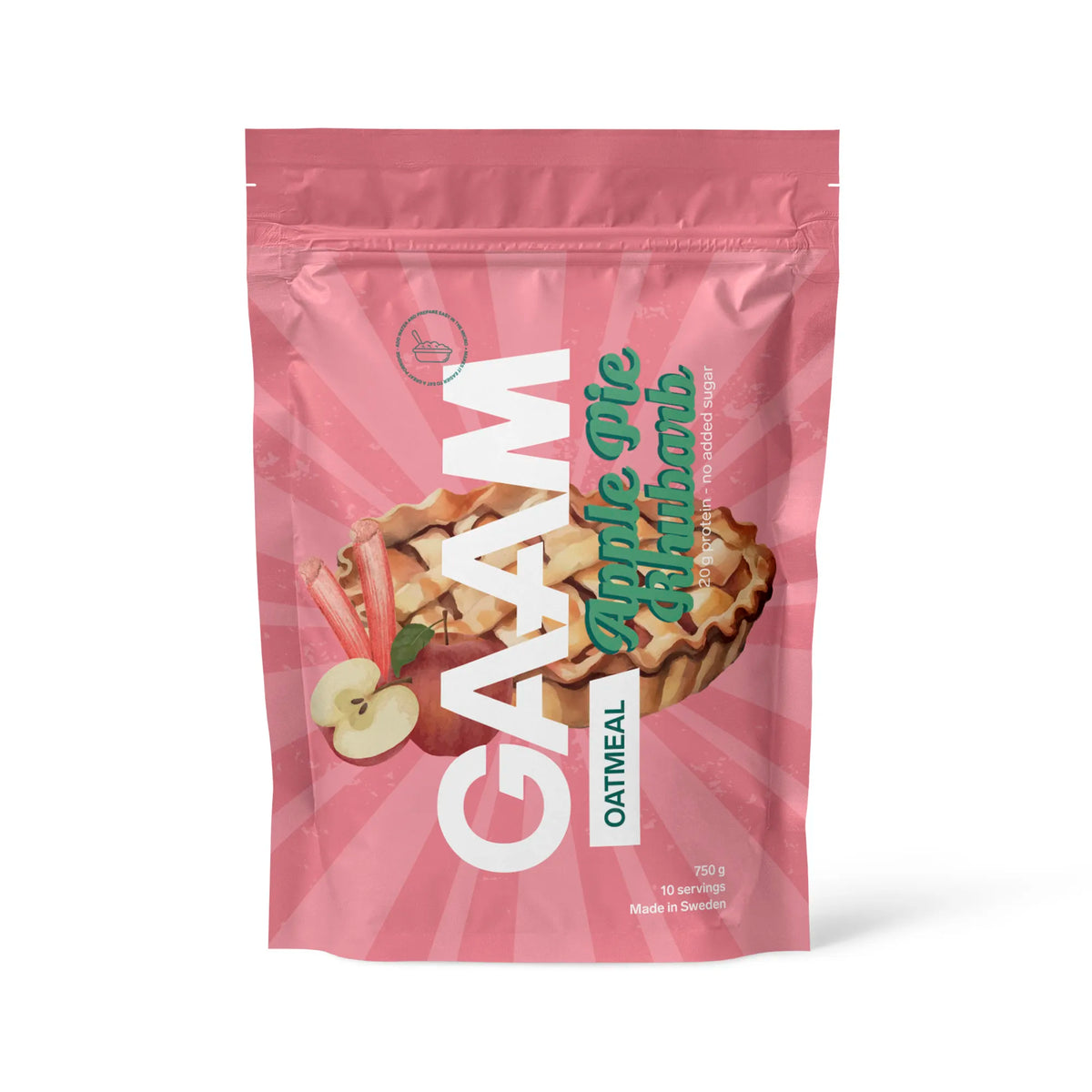 GAAM Oatmeal 750 g snabbgröt i en mönstrad rosa påse med en pajillustration för smaken Apple Rhubarb Pie., bild 2 av 2