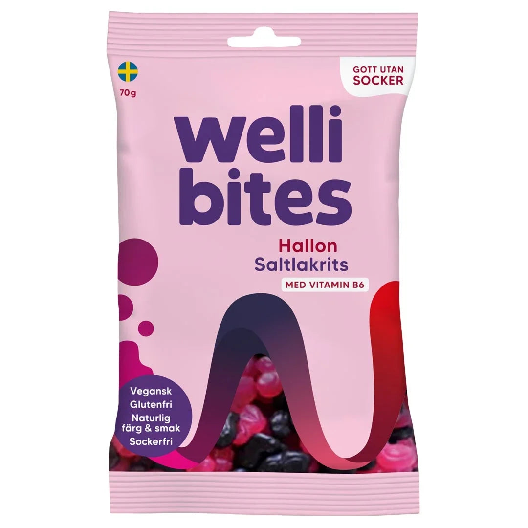 Wellibites Candy 70 g sockerfritt godis i en ljusrosa påse med smaken Hallon Saltlakrits., bild 4 av 6