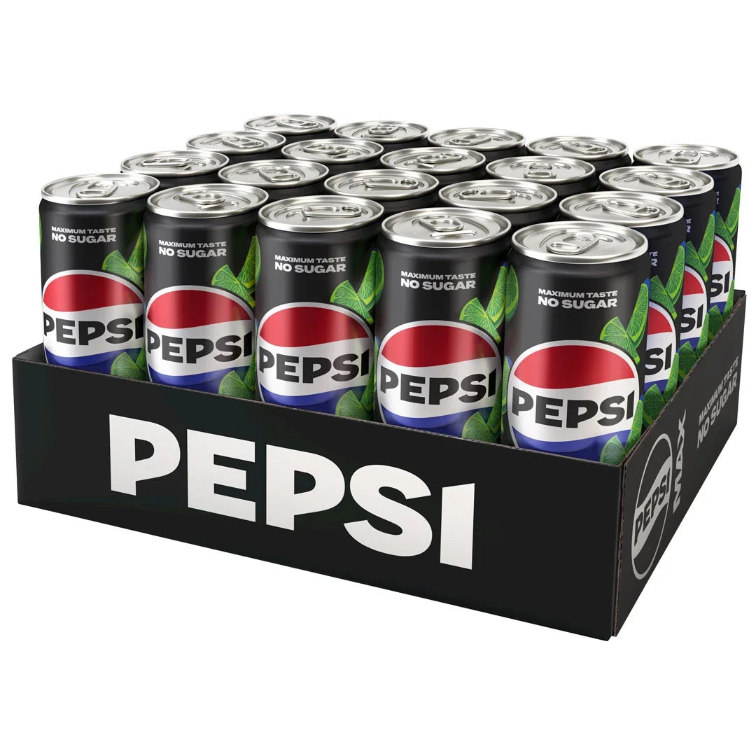 20 x Pepsi MAX 330 ml Lime i en svart låda med svarta läskburkar dekorerade med gröna limeblad., bild 1 av 1
