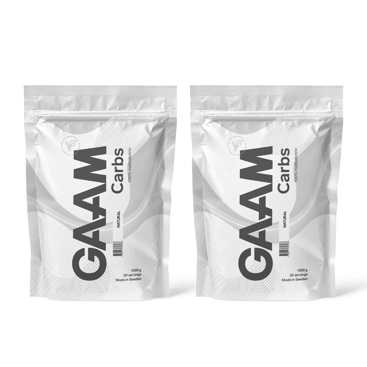 2 x GAAM Carbs - 100% Maltodextrin 1 kg i två vita påsar med grå detaljer för smaken Naturell., bild 1 av 1