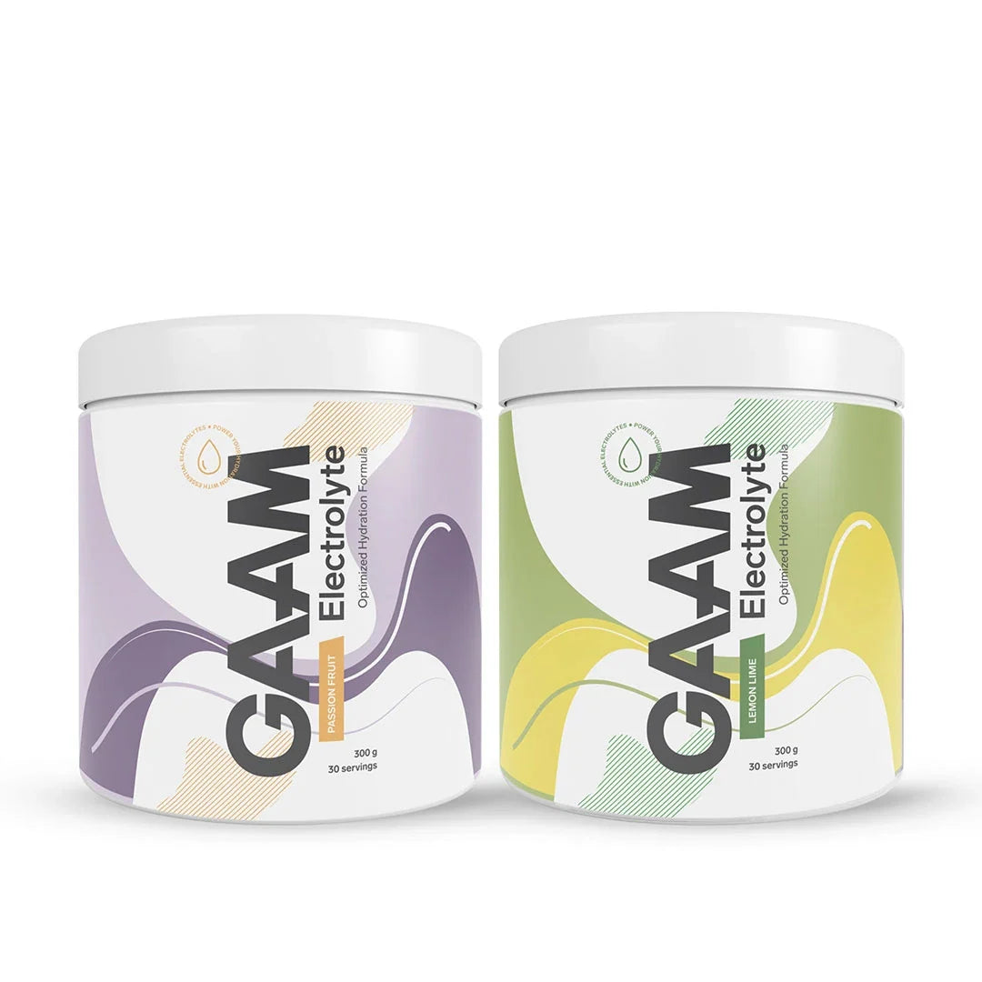 2 x GAAM Electrolyte 300 g i två vita burkar med lila och gröna detaljer för smakerna Passion Fruit och Lemon Lime., bild 1 av 1