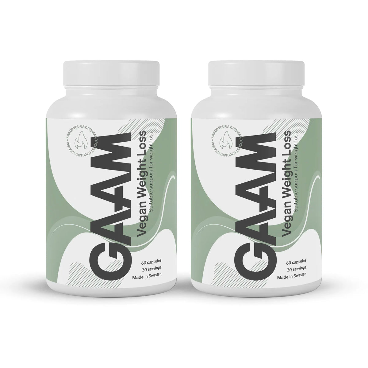 2 x GAAM Vegan Weight loss 60 caps i två vita burkar med en grön och vit etikett., bild 1 av 1