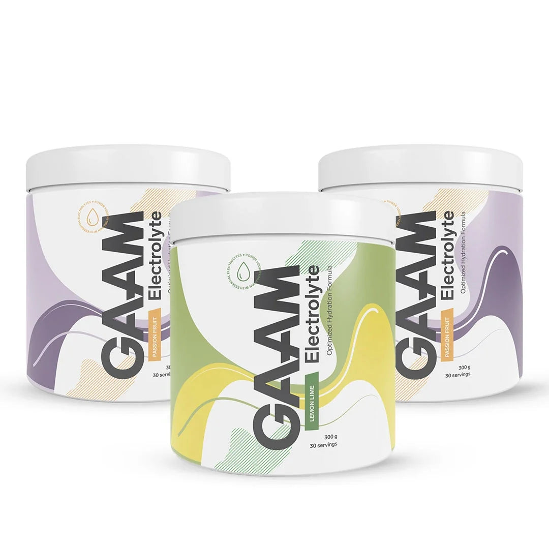3 x GAAM Electrolyte 300 g i tre vita burkar med färgrika detaljer för smakerna Passion Fruit och Lemon Lime., bild 1 av 1
