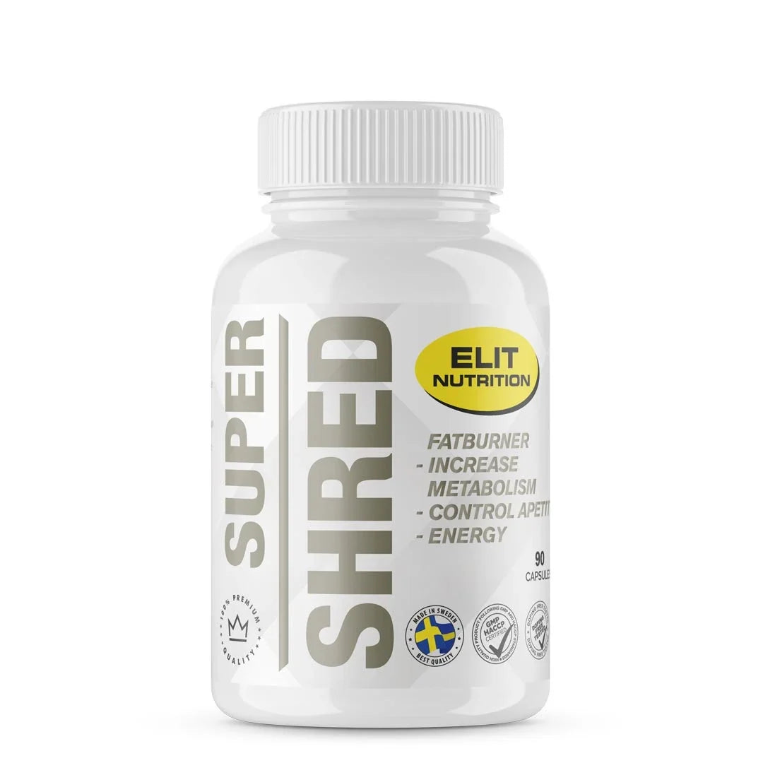 Elit Nutrition Super Shred Fettförbrännare 90 caps förpackad i en vit burk med gula och grå detaljer., bild 1 av 1