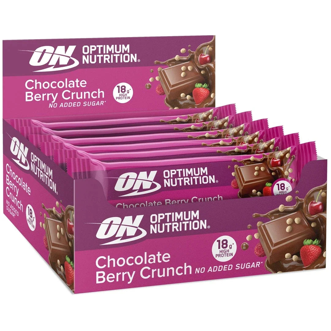 12 x Optimum Nutrition Chocolate Protein Bar 55-59 g Mixlåda i en rosa låda fylld med Chocolate Berry Crunch-bars.