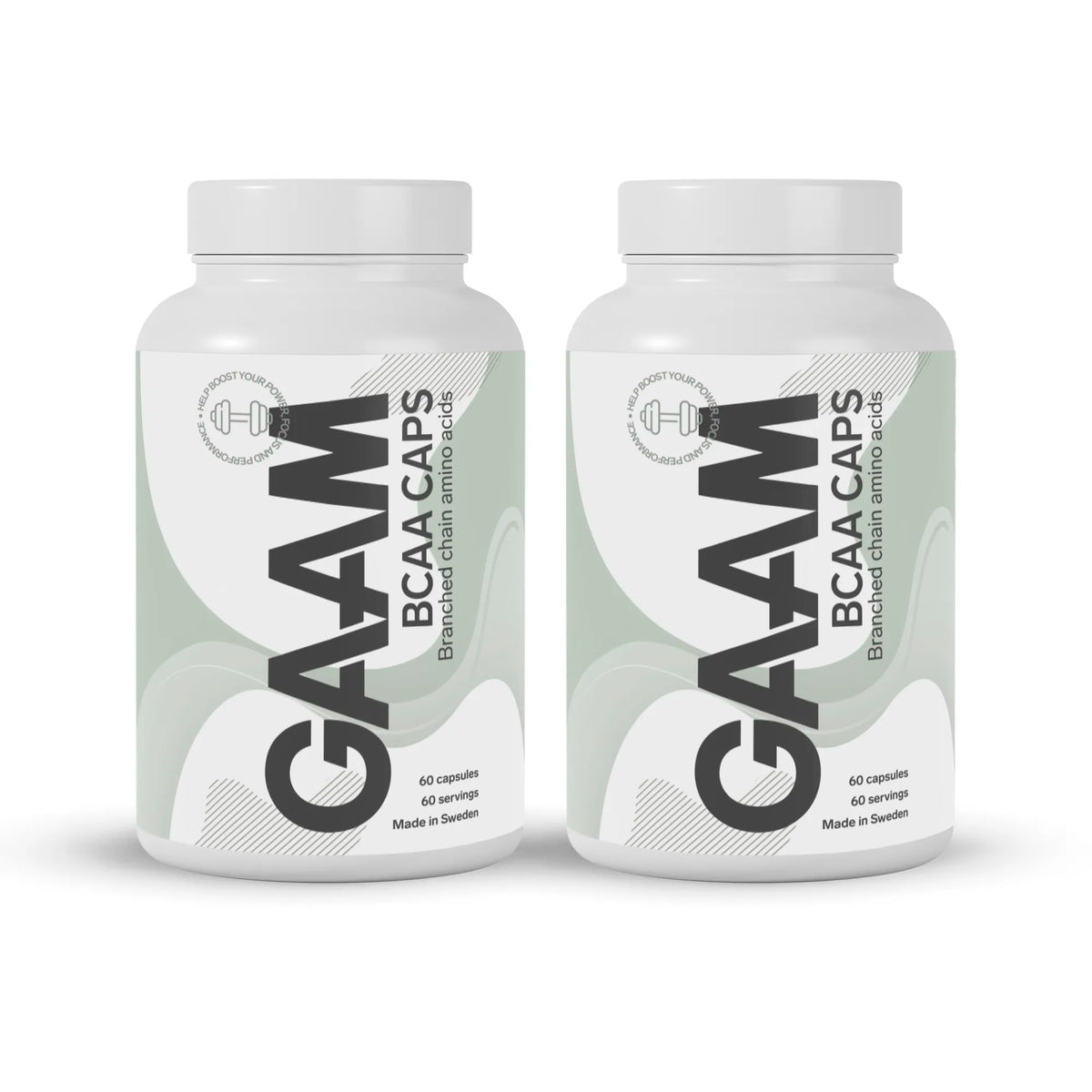 2 x GAAM BCAA 60 caps i två vita burkar med ljusgrönt mönster och svart text på etiketterna.