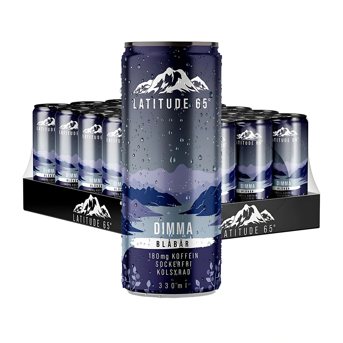 24 x Latitude 65 330 ml Dimma - Blåbär kolsyrad energidryck i ett flak med mörkblå burkar prydda med fjällmotiv.