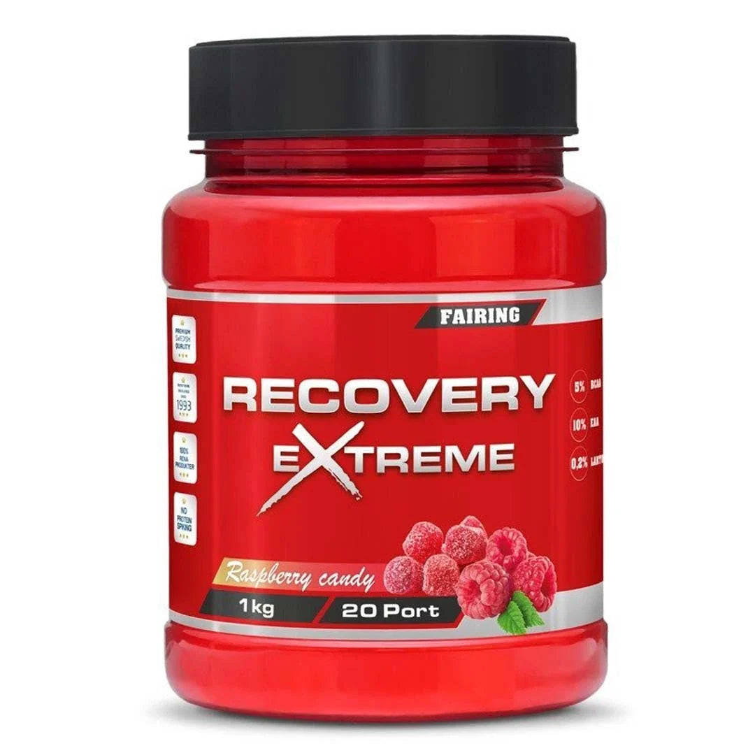 Fairing Recovery Extreme 1 kg återhämtningsdryck i en röd burk med svart lock och smaken Raspberry Candy., bild 2 av 2