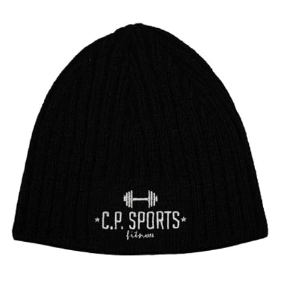 C.P. Sports Beanie White är en svart ribbstickad mössa i ullblandning med vit broderad logotyp., bild 2 av 2